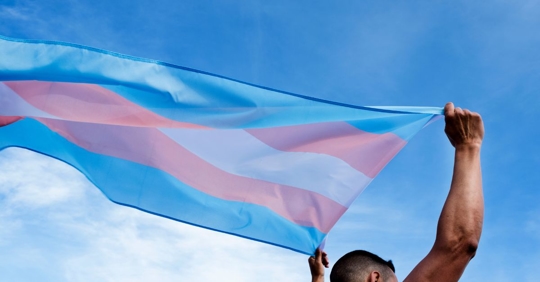 Person holding transgender flag
